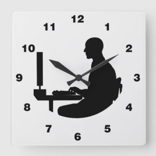 Cute Office Worker Sitting at Desk Square Wall Clock
