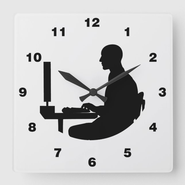 Cute Office Worker Sitting at Desk Square Wall Clock (Front)