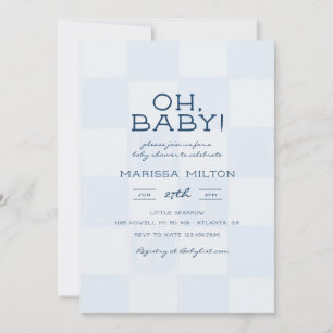 Cute Oh Baby Blue Checkered Baby Shower Invitation