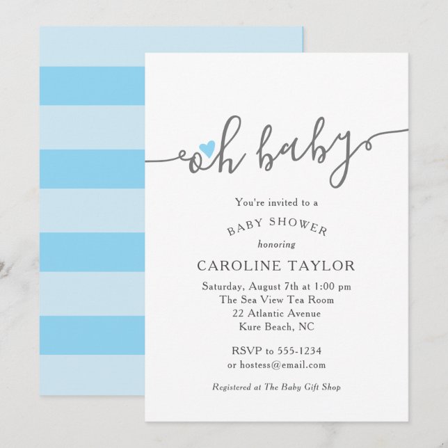 Cute Oh Baby Blue Heart Boy Baby Shower Invitation (Front/Back)