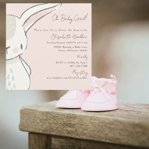 Cute Oh Baby Girl Bunny Pink Square Baby Shower  Invitation