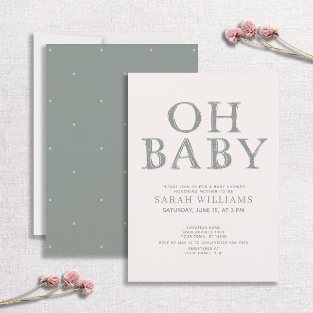 Cute Oh Baby Green Dots Minimal Baby Shower Invitation (Creator Uploaded)