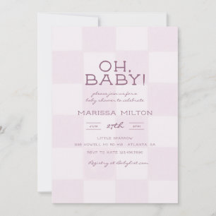 Cute Oh Baby Modern Pink Checkered Baby Shower Invitation
