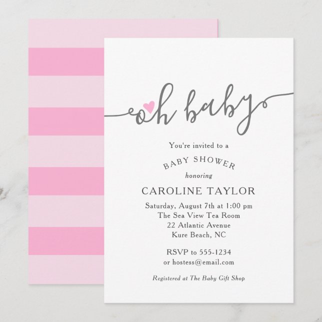 Cute Oh Baby Pink Heart Girl Baby Shower Invitation (Front/Back)