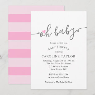 Cute Oh Baby Pink Heart Girl Baby Shower Invitation