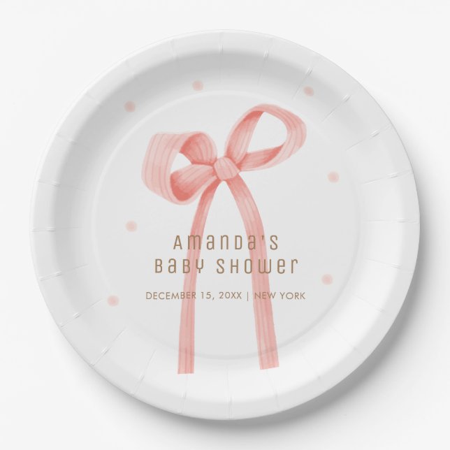 Cute Oh Baby Polka Dot Bow Baby Shower  Paper Plate (Front)