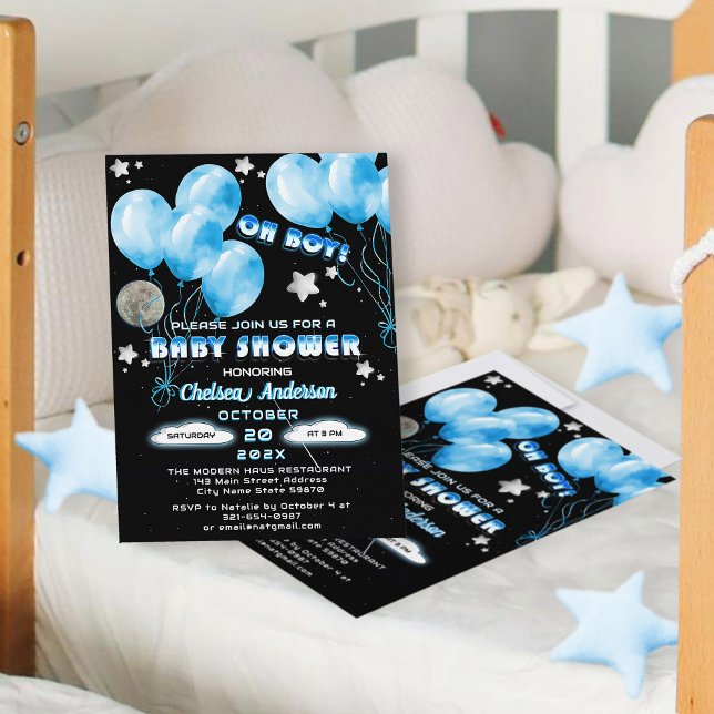Cute Oh Boy Blue Balloons Night Stars Baby Shower  Invitation (Creator Uploaded)
