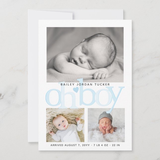 Cute Oh Boy Blue Heart Collage Photo Birth Announcement (Front)