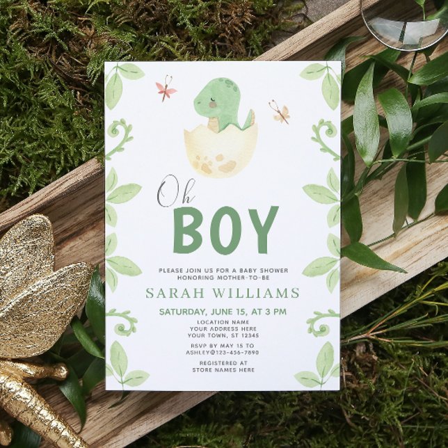 Cute Oh Boy Dinosaur Green Watercolor Baby Shower Invitation (Get ready for a Jurassic celebration with our adorable dinosaur baby shower invitations! 🦕)