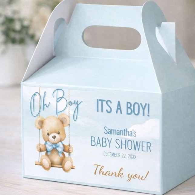 Cute Oh Boy It's A Boy Bear Thank You Baby Shower Favour Box (Elegant baby shower favor box with teddy bear theme and soft blue details.)