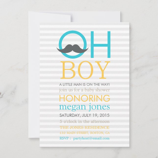 Cute Oh Boy Moustache Baby Shower Invitations (Front)