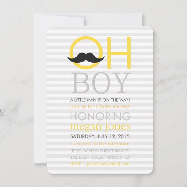 Cute Oh Boy Moustache Baby Shower Invitations (Front)