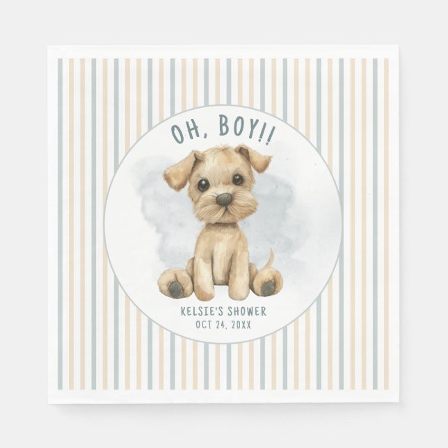 Cute Oh Boy Puppy Blue Baby Shower Napkin (Front)