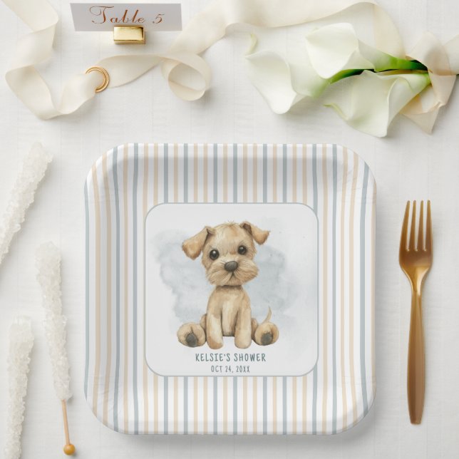 Cute Oh Boy Puppy Blue Baby Shower Paper Plate (Wedding)