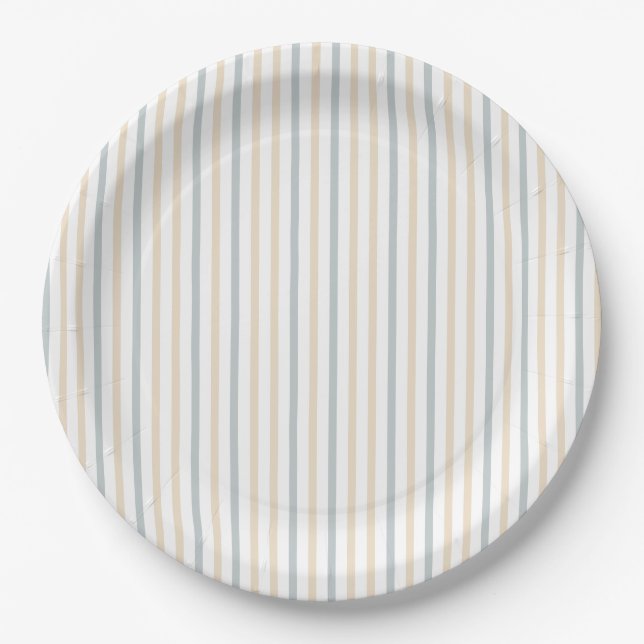 Cute Oh Boy Puppy Blue Striped Baby Shower Paper Plate (Front)
