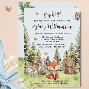 Cute Oh Boy Woodland Animals Greenery Baby Shower  Invitation