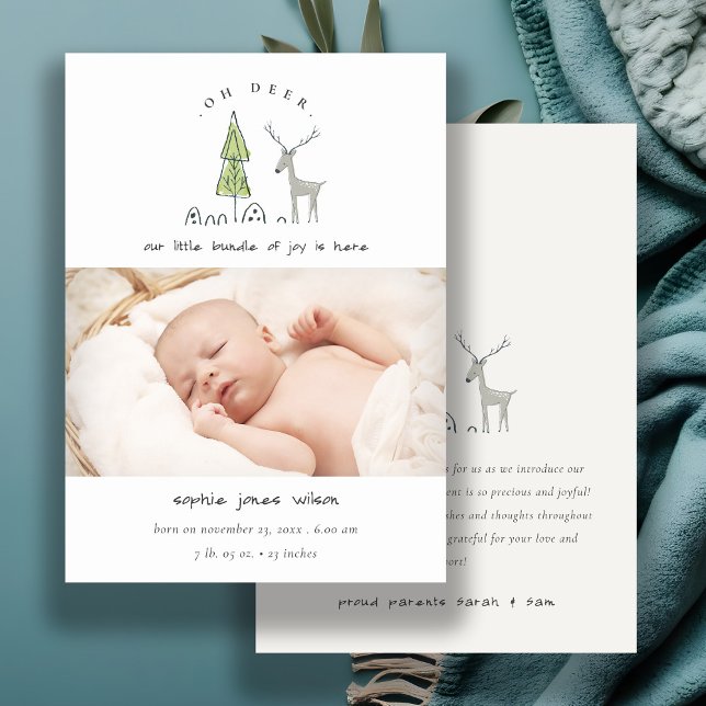 Cute Oh Deer Minimal Photo Birth Announcement (Creator Uploaded)