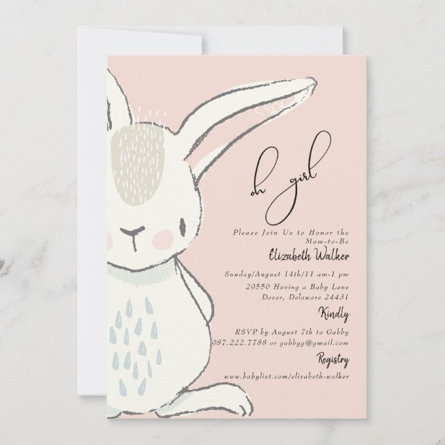 Cute Oh Girl Cute Rabbit Pink Baby Shower Invitation (Front)