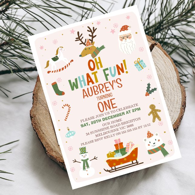 Cute Oh What Fun Christmas 1st Birthday Invitation (Oh what fun to turn one birthday invitation.)