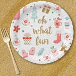 Cute Oh What Fun Christmas Party Paper Plate<br><div class="desc">A playful Christmas paper plate design with the message,  Oh what Fun. It is decorated with pretty illustrations of presents,  mittens,  a Christmas stocking,  a Christmas tree and a reindeer. A fun party plate for the holiday season. Designed for you by Blackberry Boulevard.</div>
