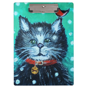 Cute Oil Painting Cat with Bird Christmas Greeting Clipboard
