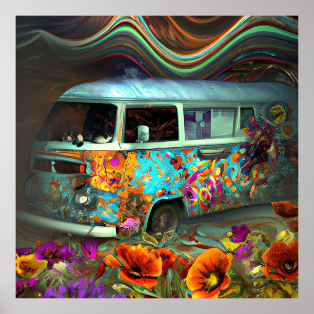 Cute old Combi van blue flowers hippy time Poster (Front)