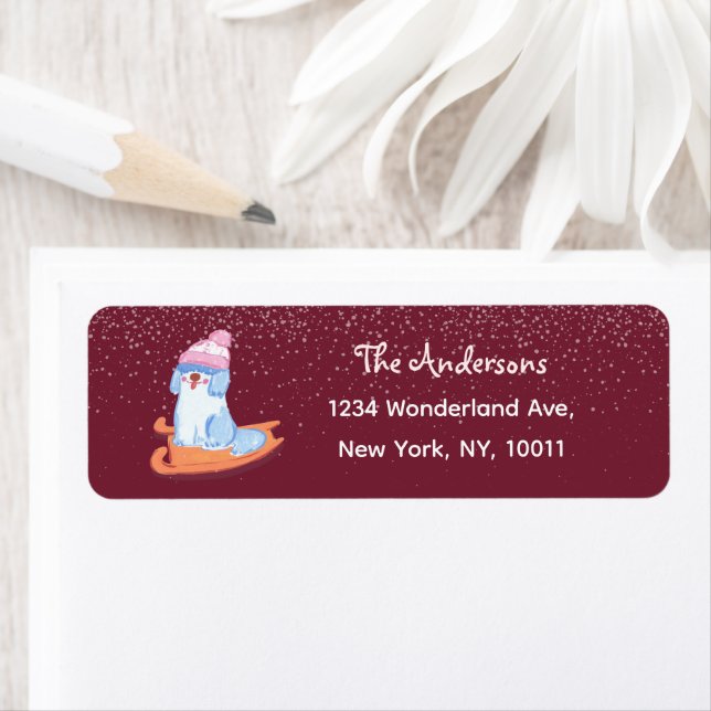 Cute Old English Sheepdog Dark Red Return Address (Insitu)