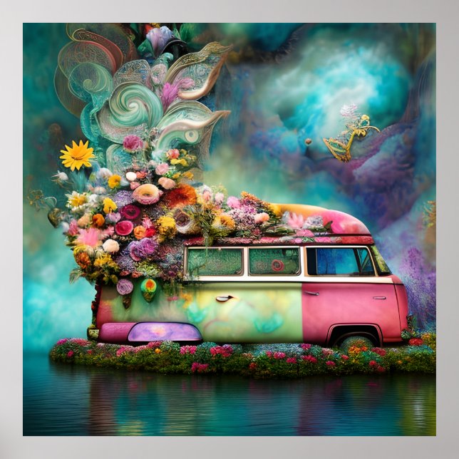 Cute old rusty Combi van flowers lake 1970s hippy  Poster (Front)
