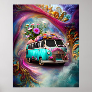 Cute old rusty Combi van with flowers 1970s 3 Poster