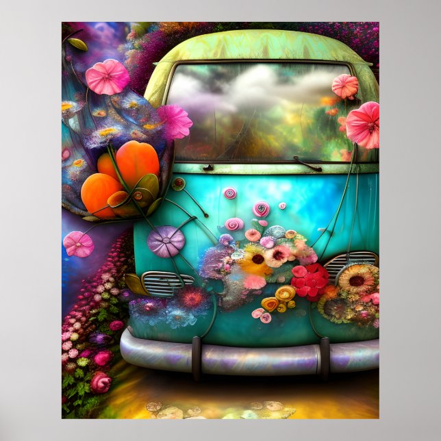 Cute old rusty Combi van with flowers 1970s blue 3 Poster (Front)