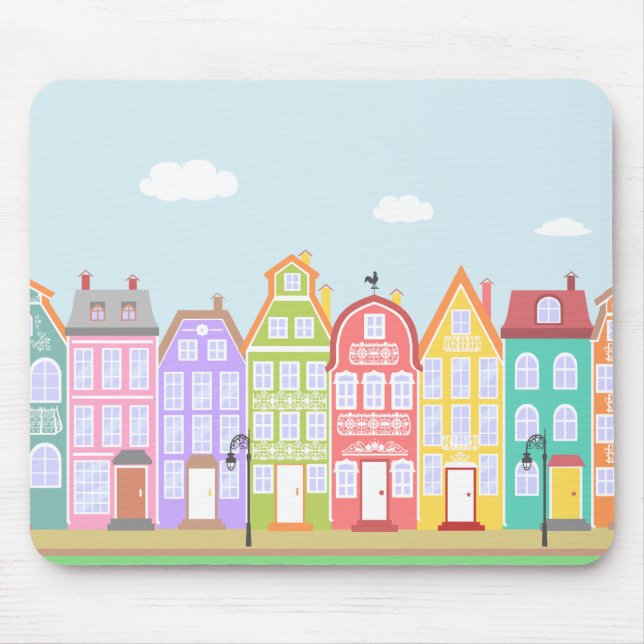 Cute Old Town Cartoon Houses Mousepad (Front)