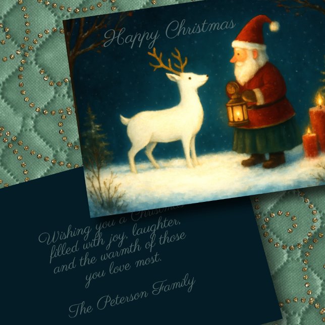 Cute Olde World Santa Illustration with White Deer Card (Creator Uploaded)