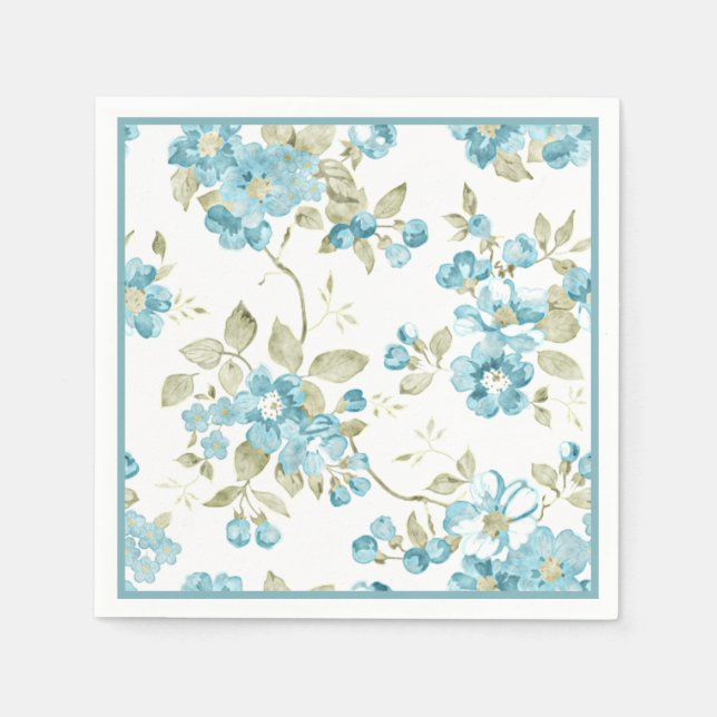 Cute Olive Green Aqua Turquoise Floral Watercolor Napkin (Front)