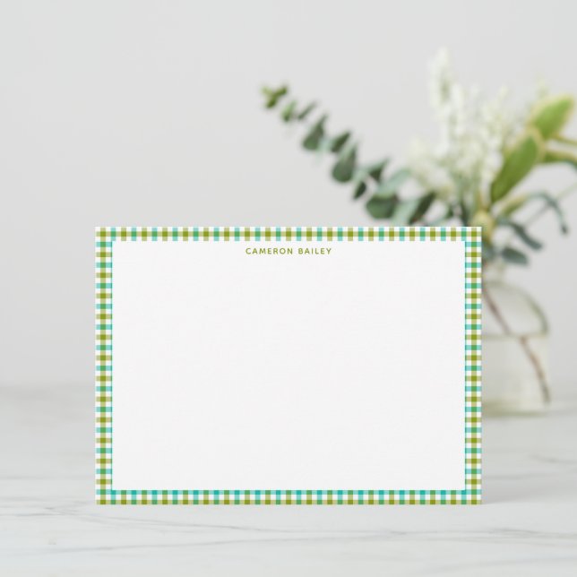 Cute Olive Green Teal Gingham Plaid Personalised Card (Standing Front)