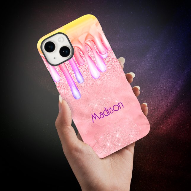 Cute ombre rose gold faux glitter drips monogram Case-Mate iPhone case (Creator Uploaded)