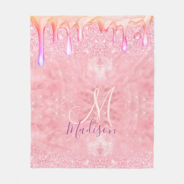 Cute ombre rose gold faux glitter drips monogram fleece blanket (Front)