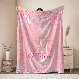 Cute ombre rose gold faux glitter drips monogram fleece blanket