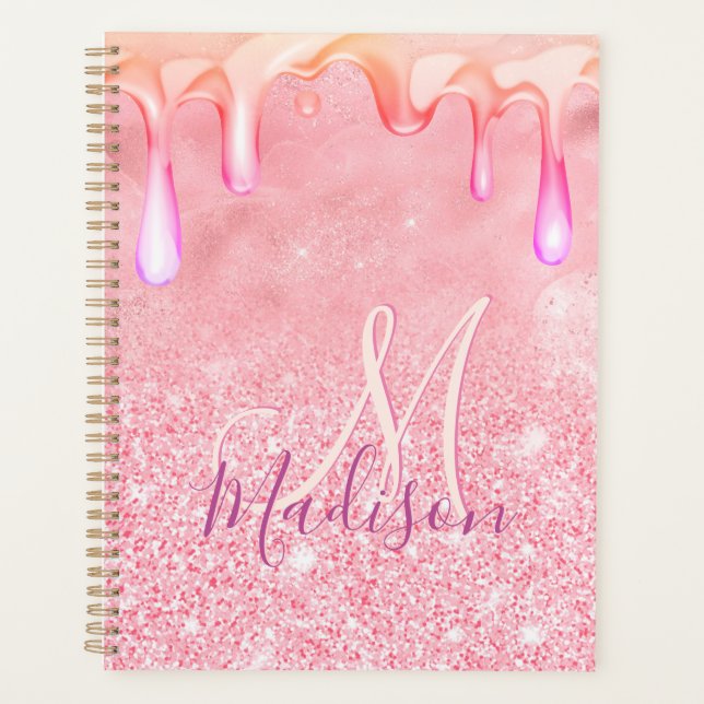 Cute ombre rose gold faux glitter drips monogram planner (Front)