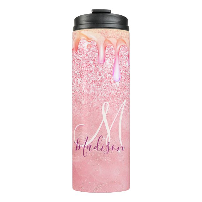 Cute ombre rose gold faux glitter drips monogram thermal tumbler (Front)