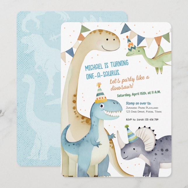 Cute One-A-Saurus Boy 1st Dinomite Party Invitation (Front/Back)