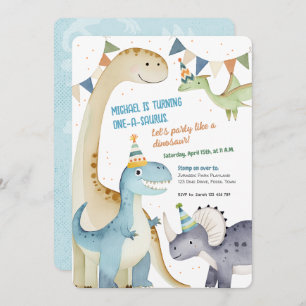 Cute One-A-Saurus Boy 1st Dinomite Party Invitation