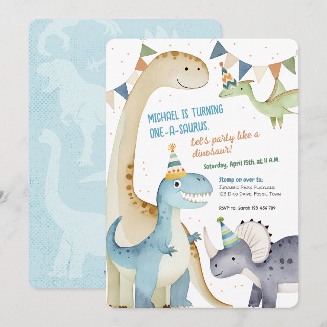 Cute One-A-Saurus Boy 1st Dinomite Party Invitation (Front/Back)