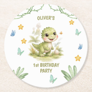 Cute One-A-Saurus Dinosaur 1st Birthday Round Paper Coaster