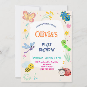 Cute One Bug & Butterflies 1st Birthday Invitation