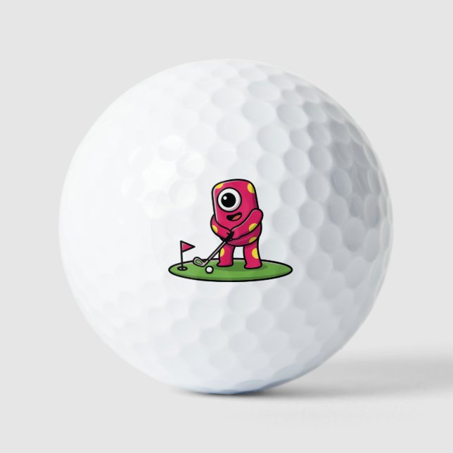 Cute One-Eyed Pink Monster Playing Golf Cartoon Balls (Front)