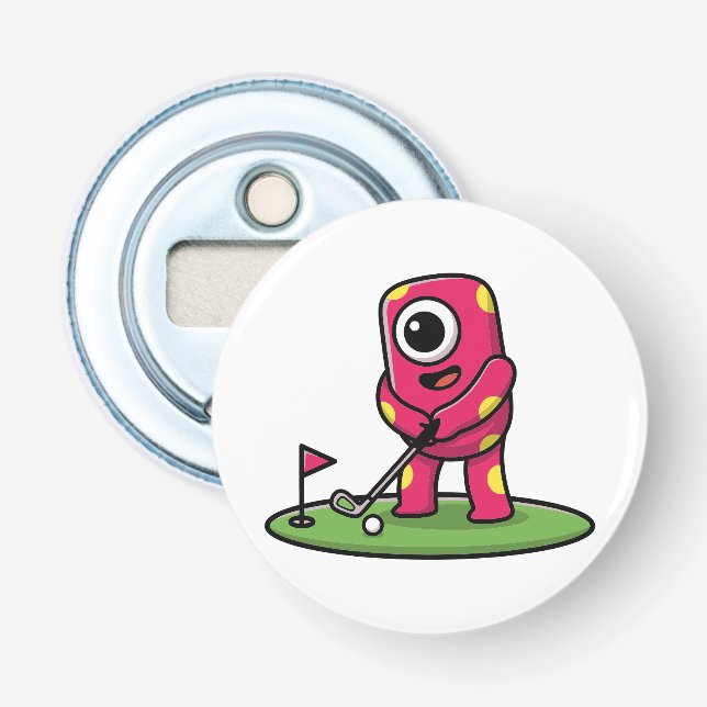 Cute One-Eyed Pink Monster Playing Golf Cartoon Bottle Opener (Front)