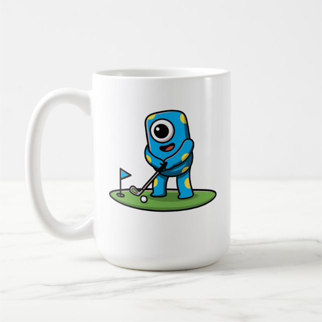Cute One-Eyed Pink Monster Playing Golf Cartoon Coffee Mug (Left)