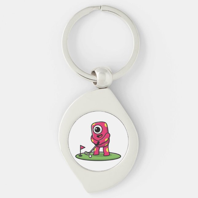 Cute One-Eyed Pink Monster Playing Golf Cartoon Key Ring (Front)