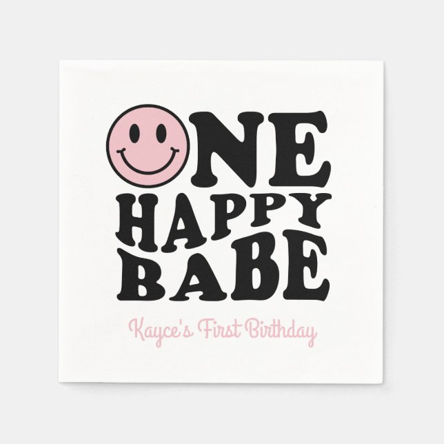 Cute One Happy Babe Retro Happy Face 1st Birthday Napkin (Front)