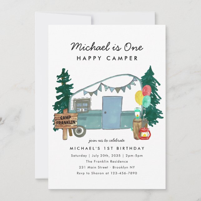 Cute One Happy Camper Trees Camping 1st Birthday Invitation (Front)